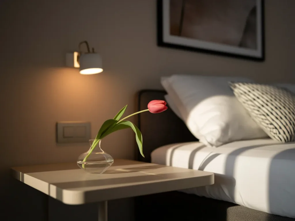 Bedside table with small tulip vase