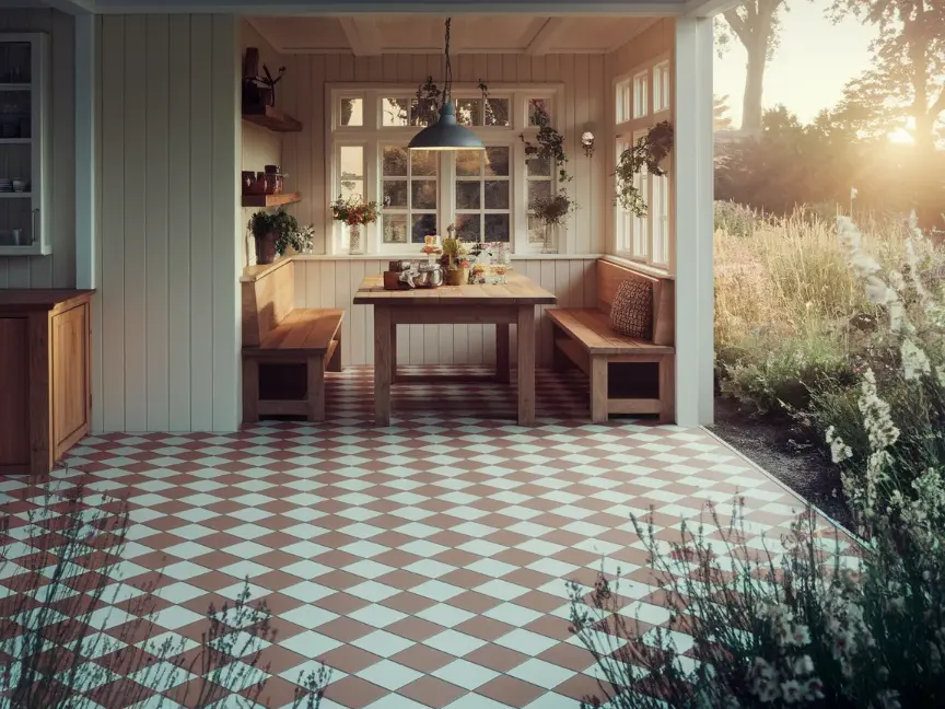 Beige and white checkerboard vinyl flooring