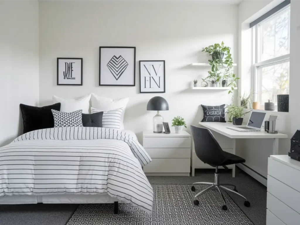 Black and white dorm room color design with clean contrast