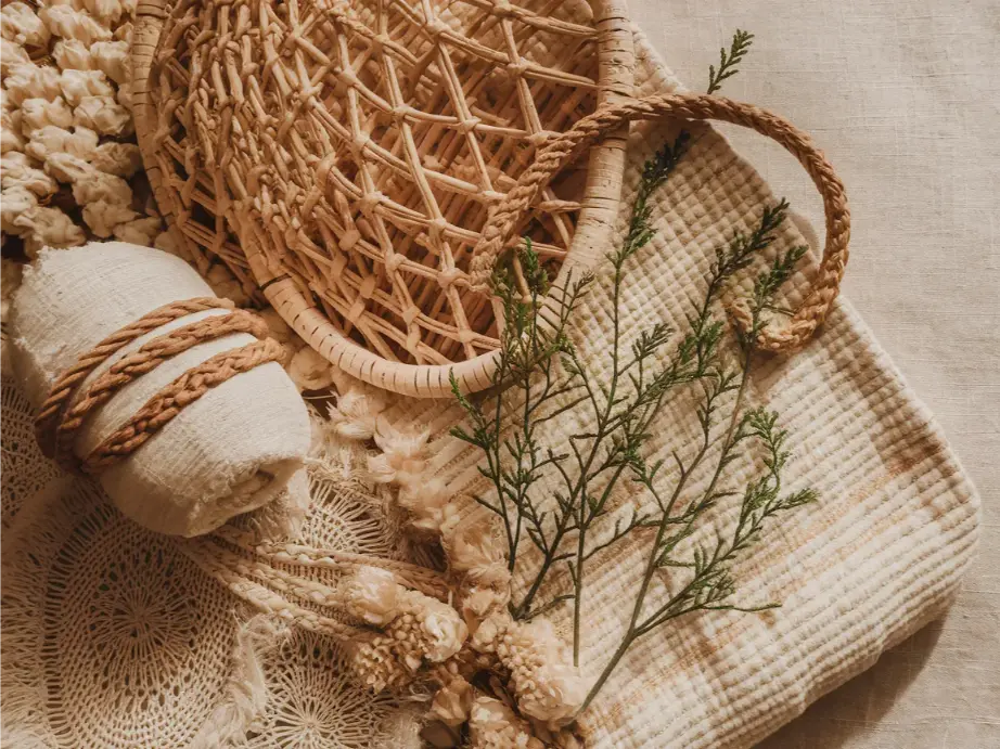 Boho texture mood board with rattan