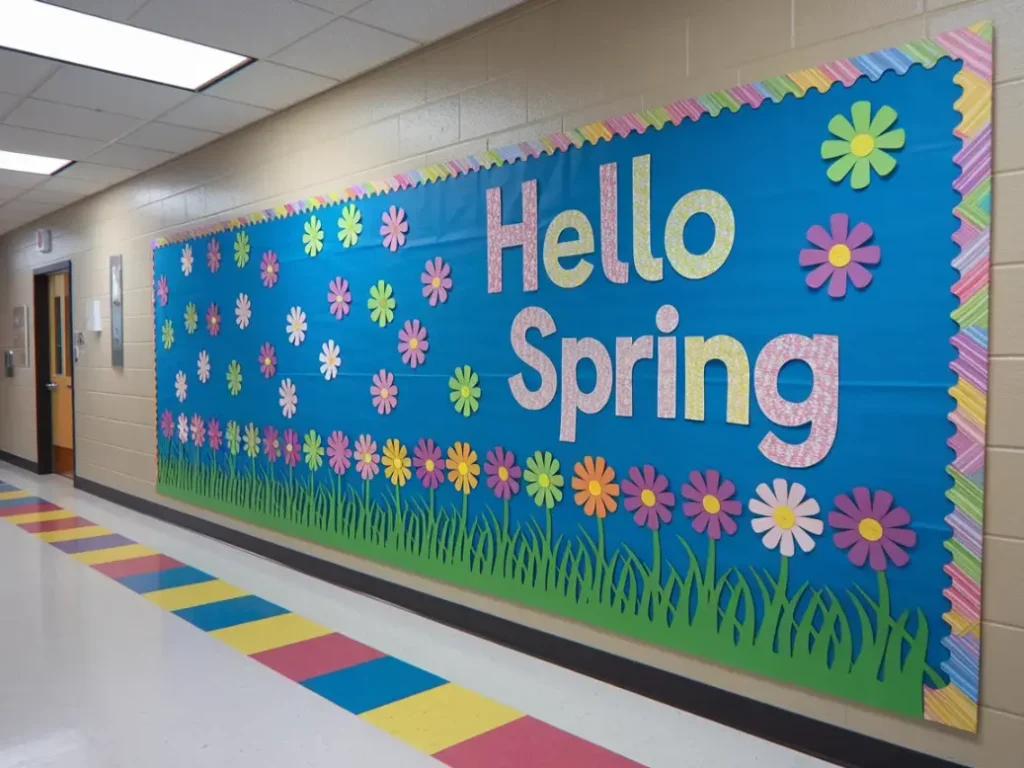 Bright spring classroom door board decor