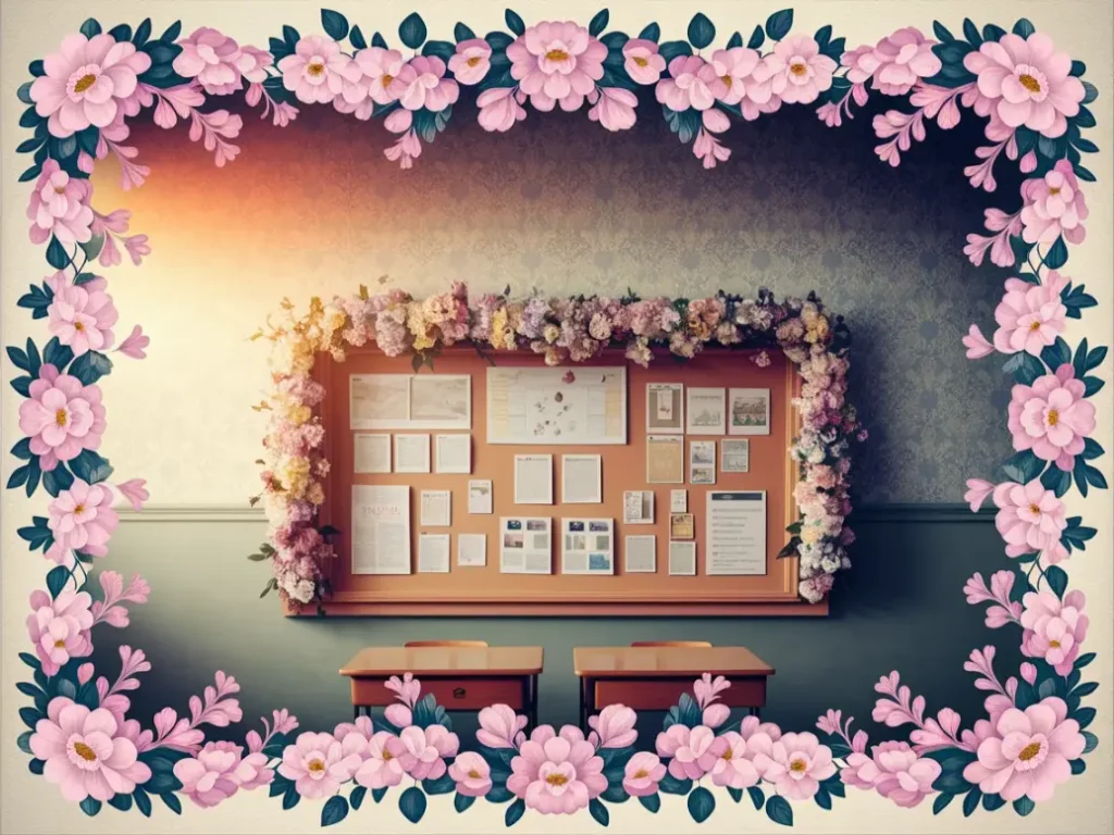 Classroom bulletin board with floral border trim