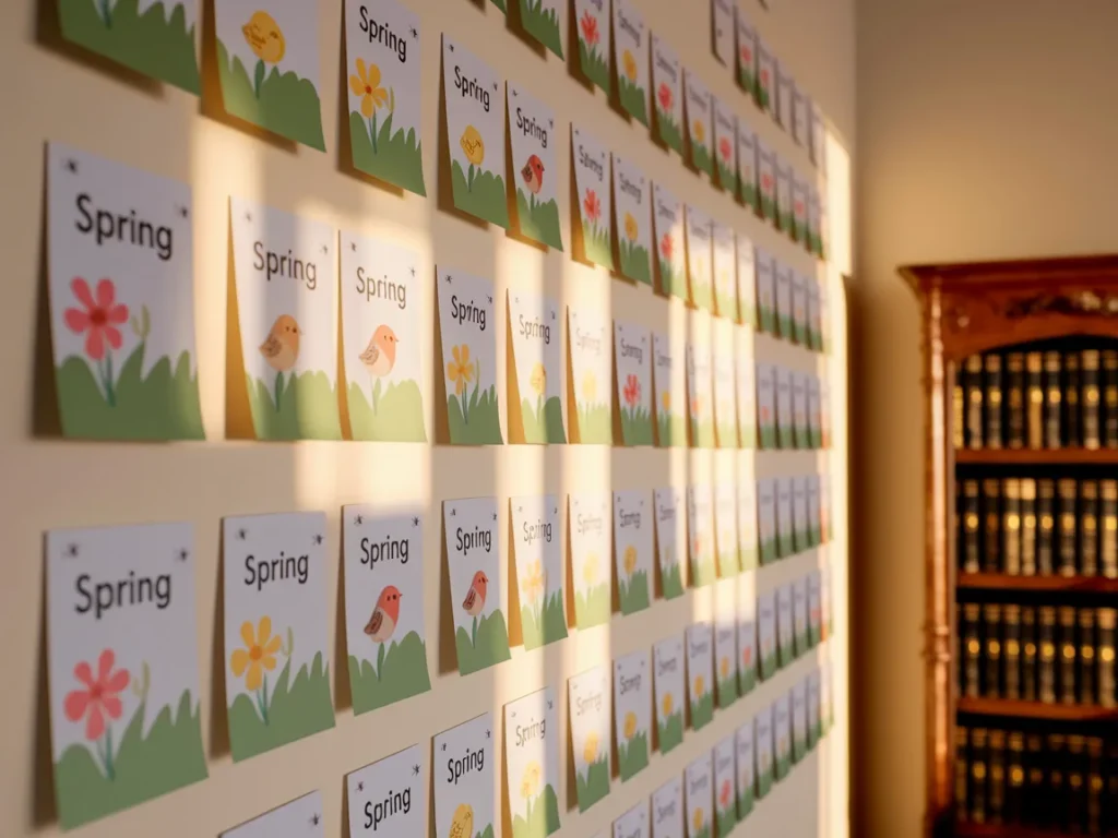 Classroom spring word wall with simple vocabulary cards