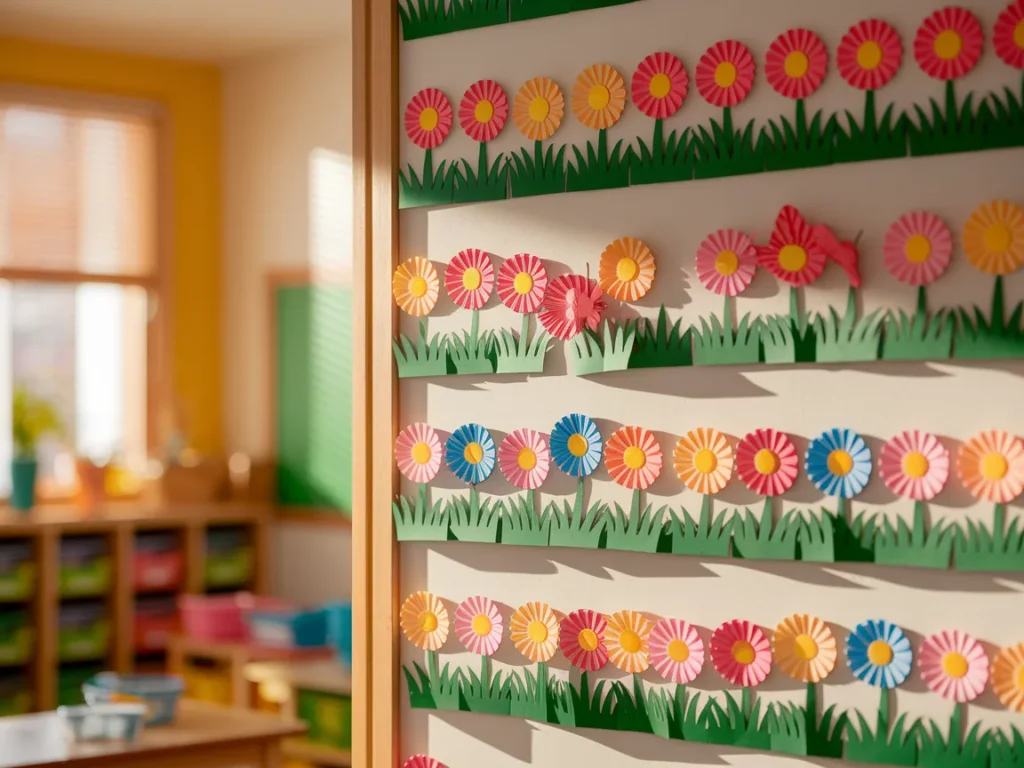 Classroom wall displaying spring student art projects