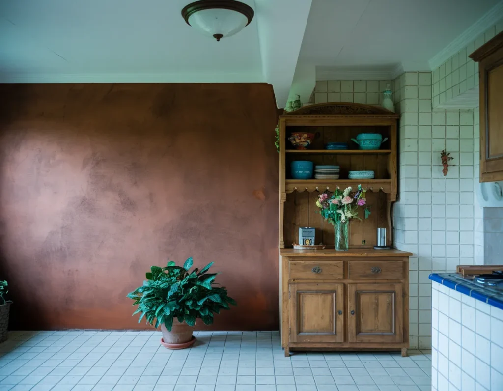 Clay accent wall in kitchen with balanced lighting, realistic interior