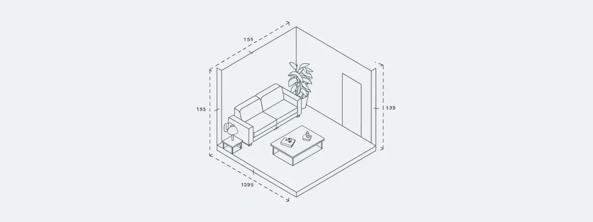 Clean architectural line drawing of a modern living room layout