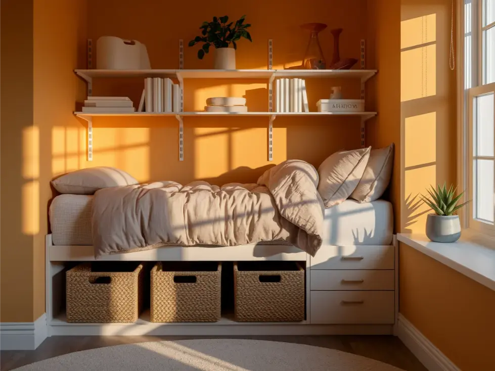 Clean dorm room showing smart storage zones