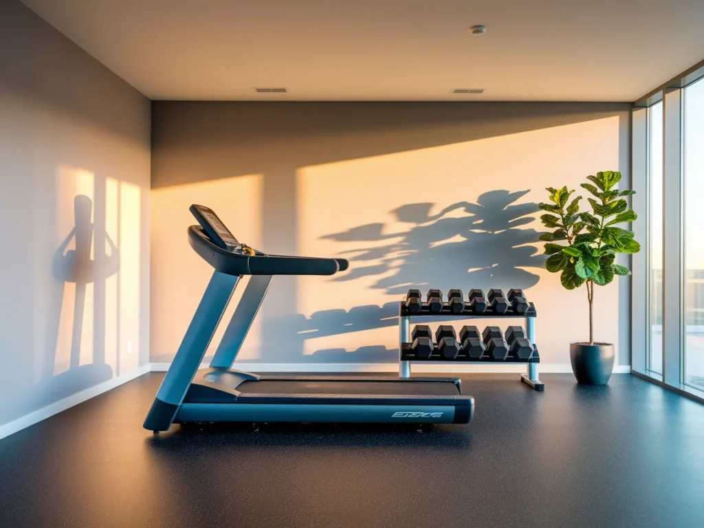 Clean home gym with easy-to-clean rubber flooring