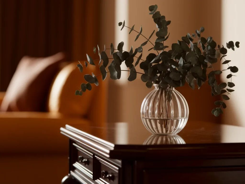 Clear glass vase with eucalyptus stems on console table