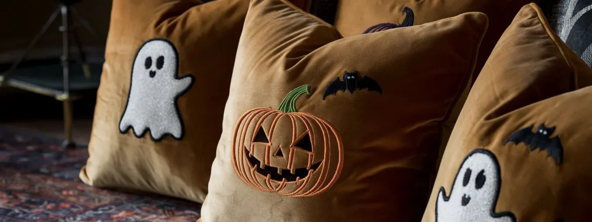 Close-up of Halloween-themed throw pillows 