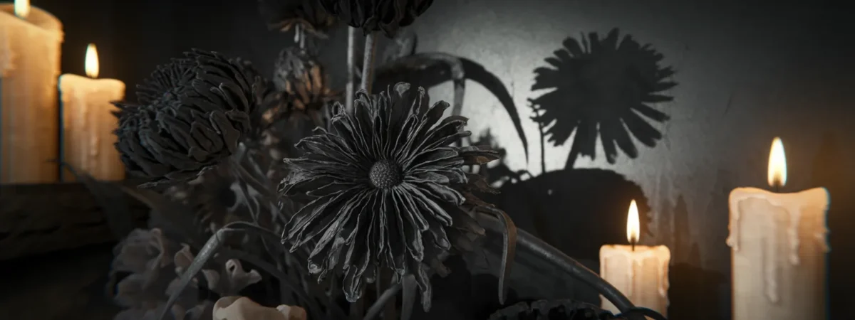 Close-up of black dried flowers with candles