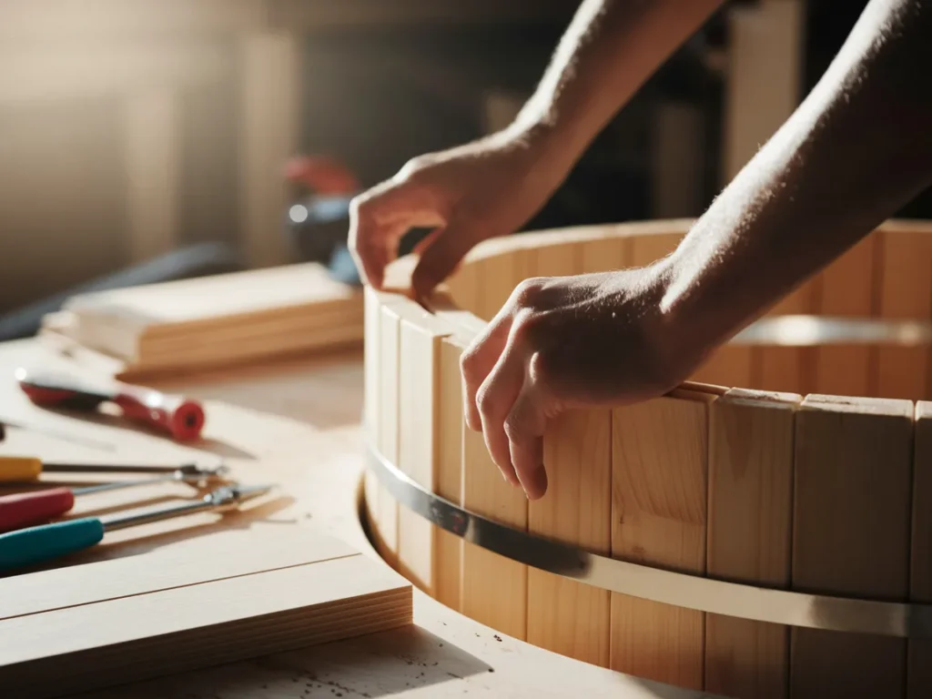 Close-up of hands assembling wooden planks for a cedar hot tub