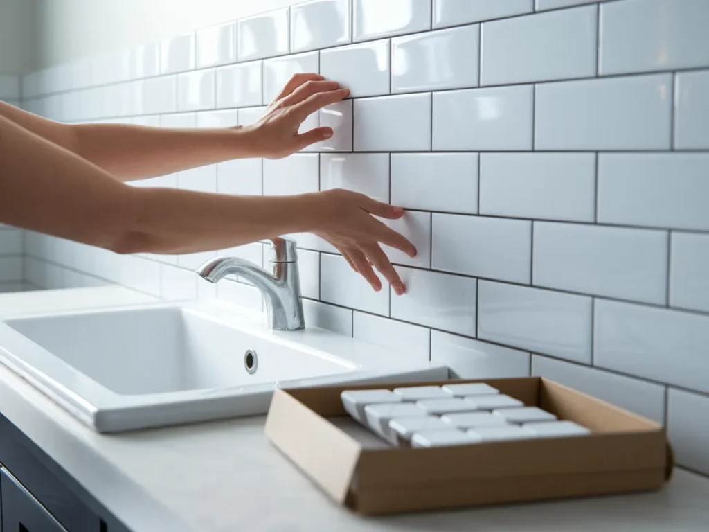 Close-up of hands pressing a white subway-style