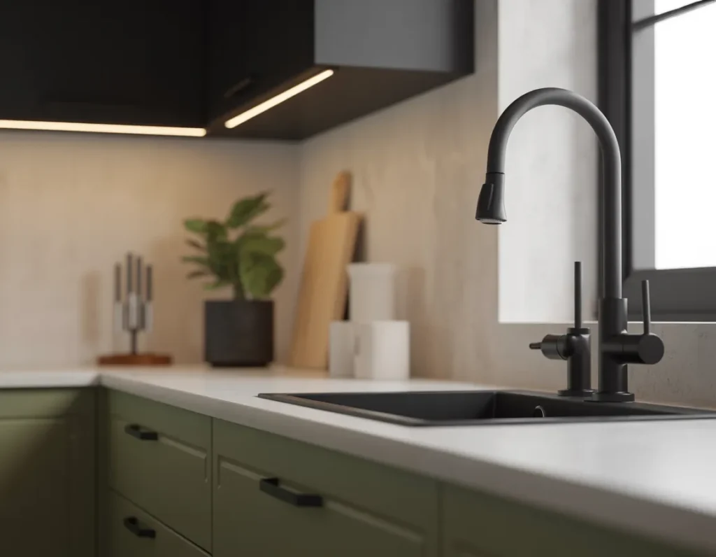 Close-up of matte black kitchen hardware
