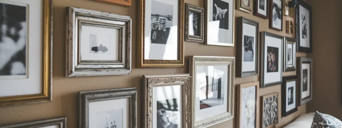 Close-up of neatly spaced gallery wall frames