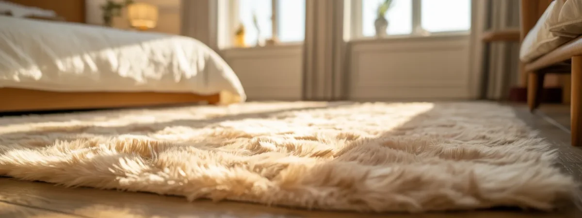 Close-up of soft bedroom rug texture near bed