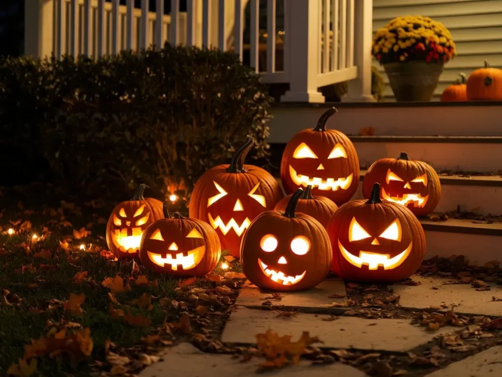  Cluster of jack-o’-lanterns near front steps