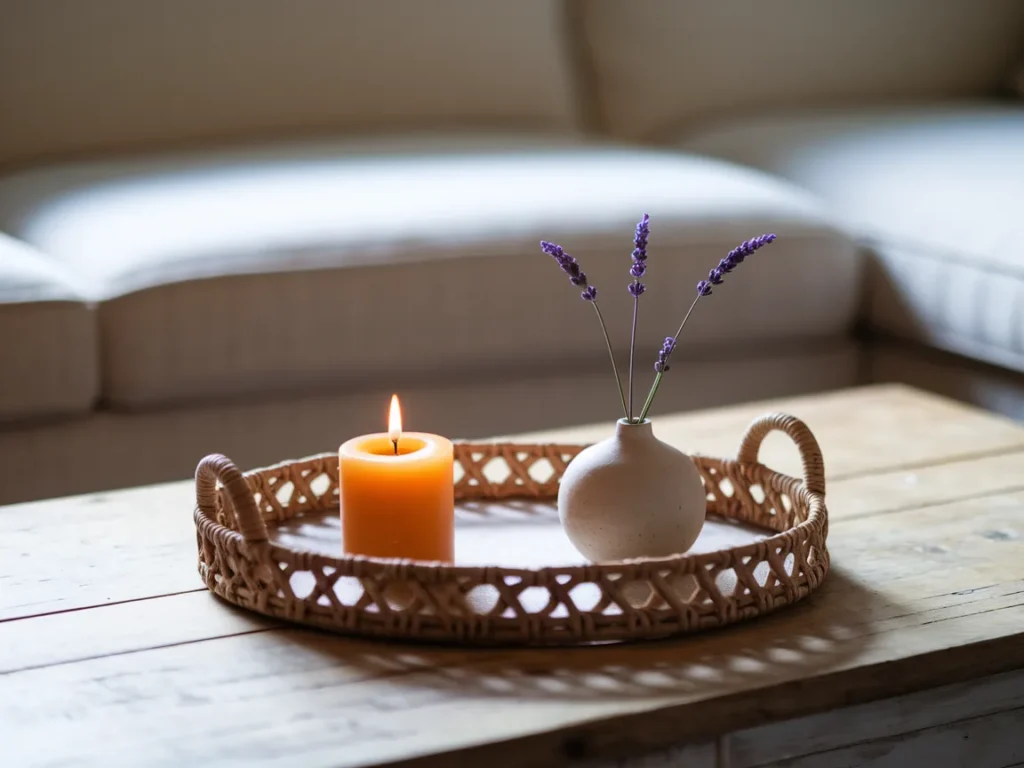 Coffee table spring tray styling with candle and small vase