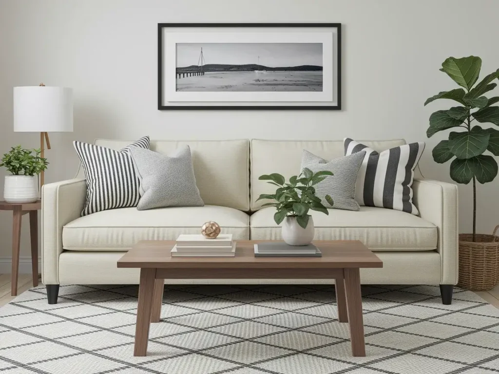 Coffee table styled with a neat stack of neutral books