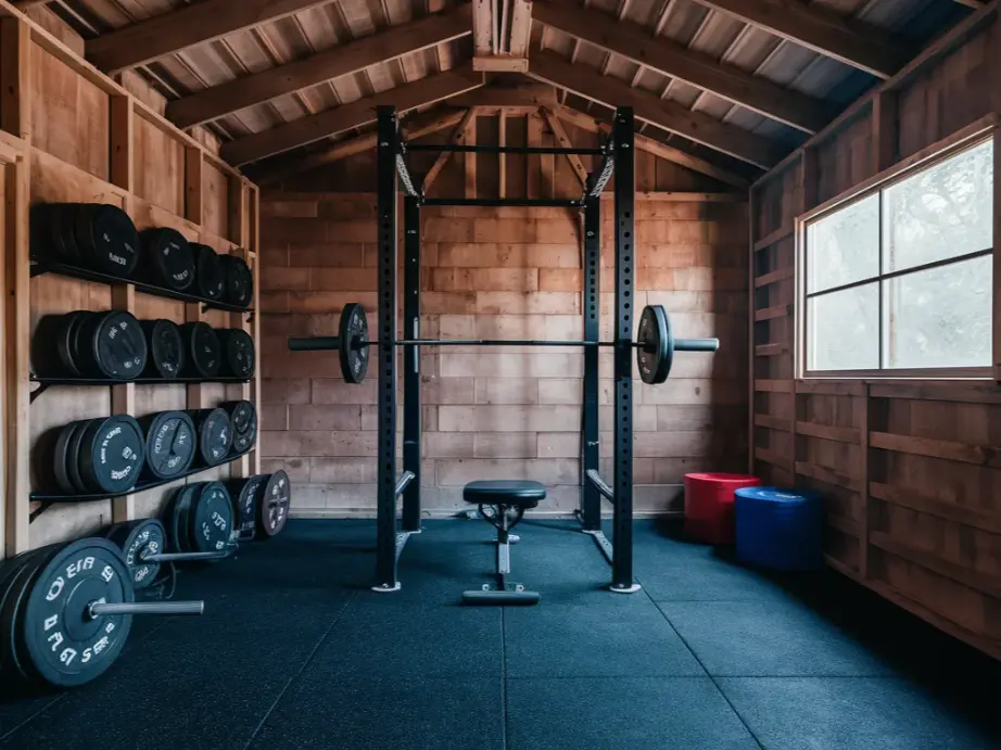 Compact home gym shed with squat rack against wall,