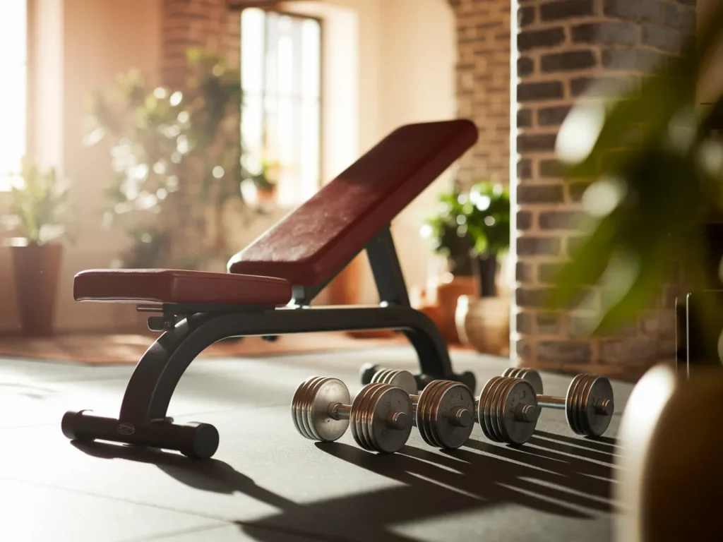 Compact home gym with adjustable bench