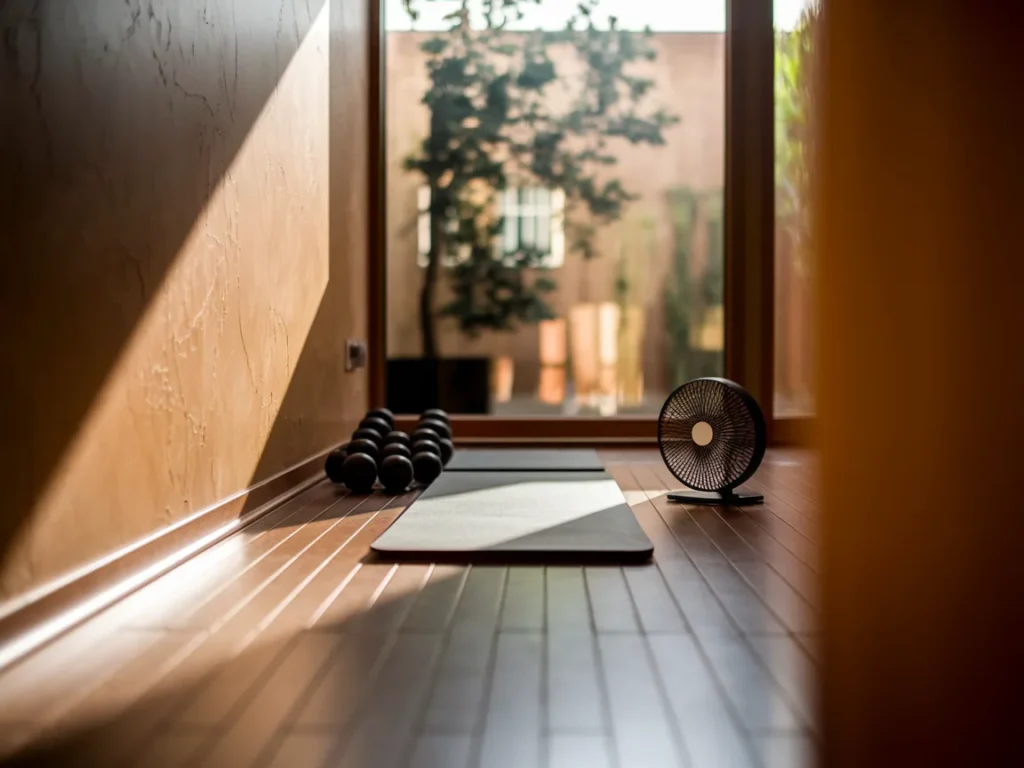 Compact home gym with small fan near