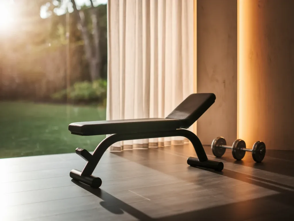 Compact home gym with small workout bench