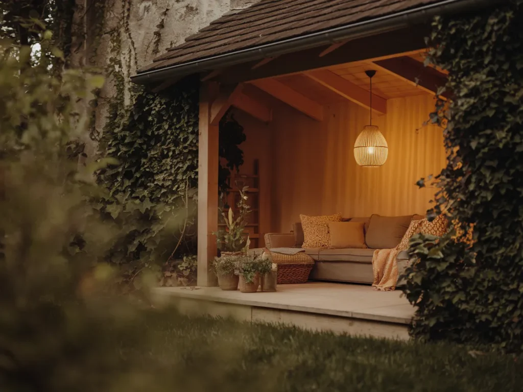 Covered patio with hanging pendant light