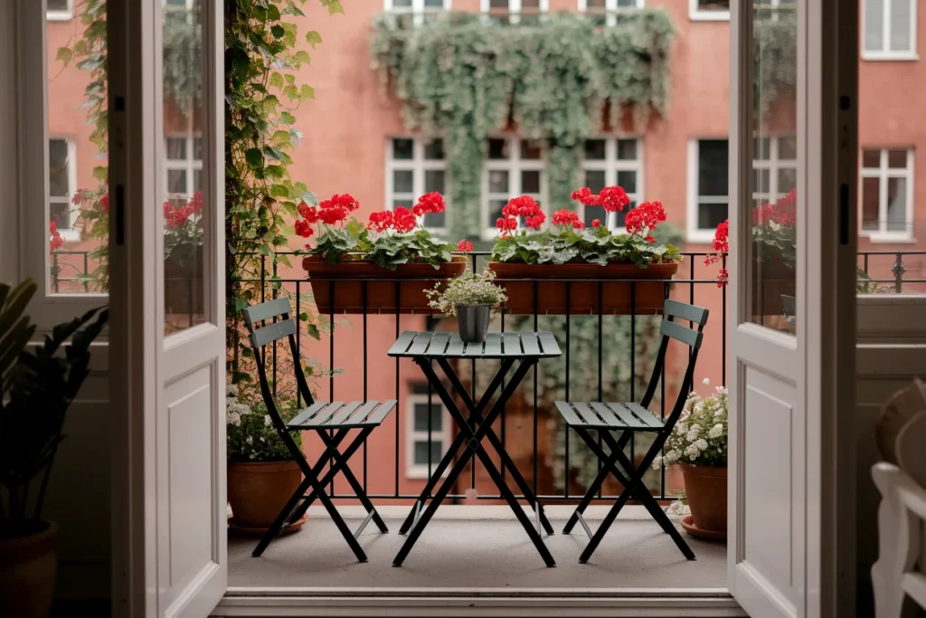 Cozy apartment balcony with foldable bistro table 
