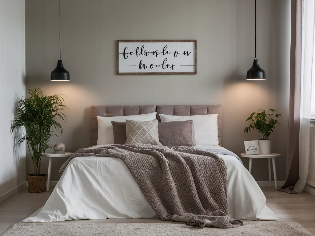 Cozy bedroom wall with small neutral sign above bed