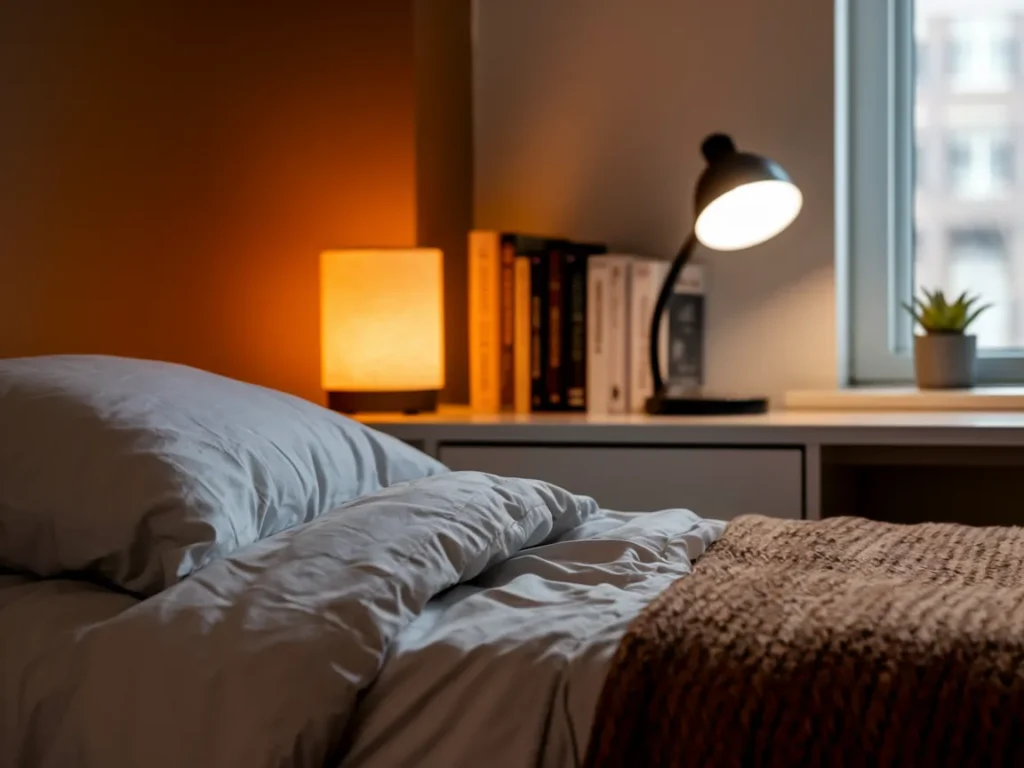 Cozy dorm room aesthetic with warm bedside