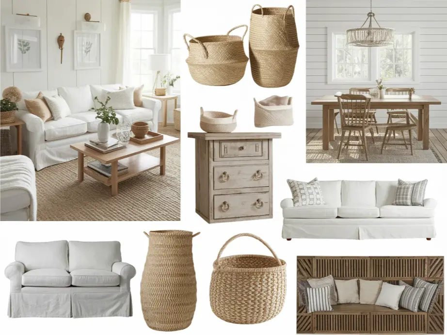 Cozy farmhouse mood board collage with neutral colors