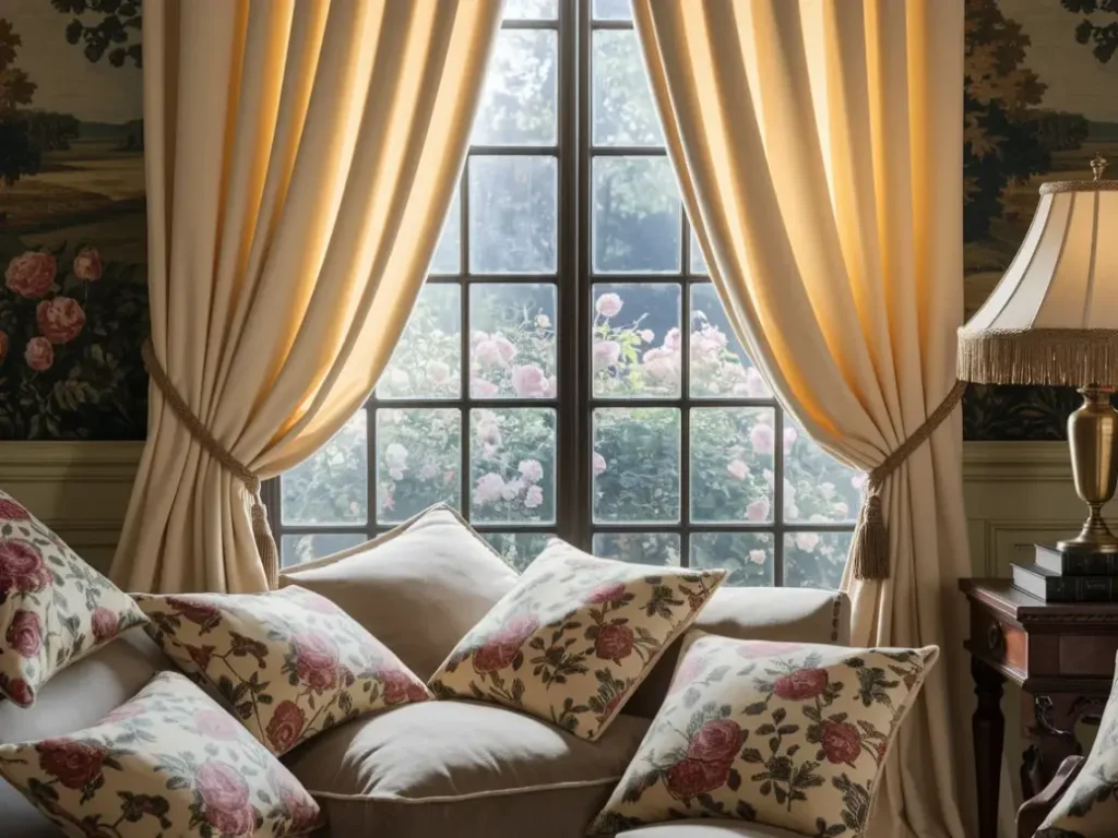 Cozy vintage living room with floral pillows