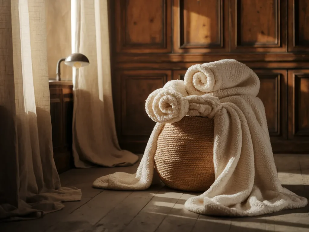 Cozy vintage living room with woven basket storage 