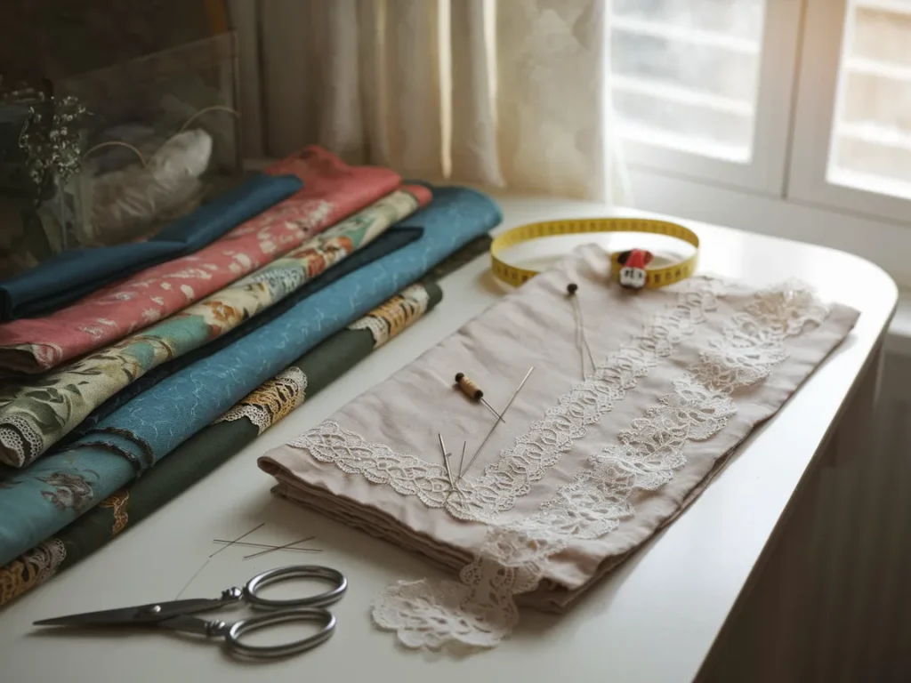 DIY project setup showing vintage fabrics