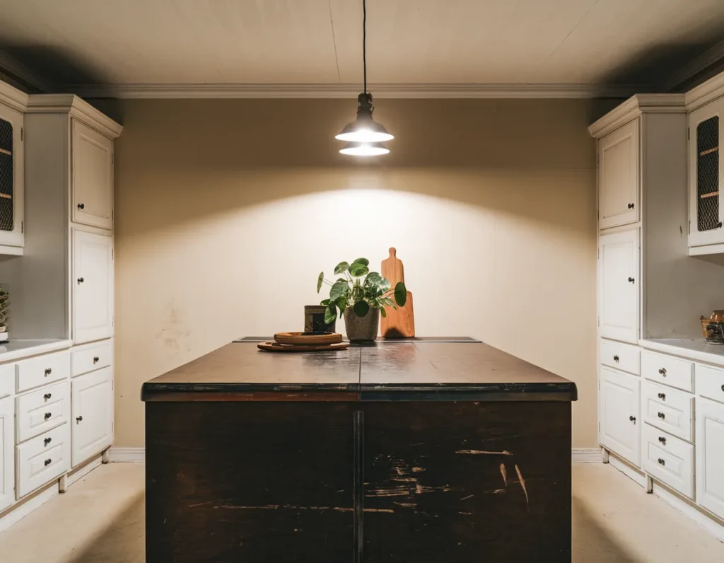 Deep brown kitchen island with light
