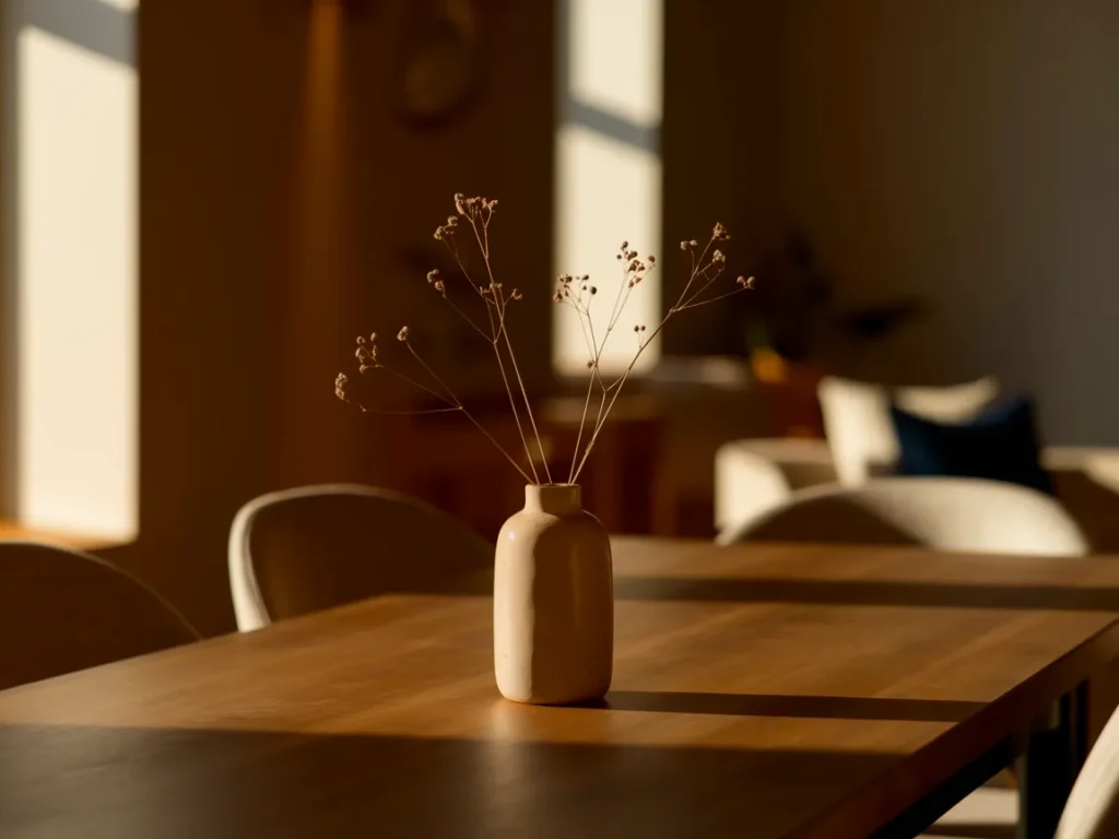 Dining table with neutral ceramic vase centerpiece