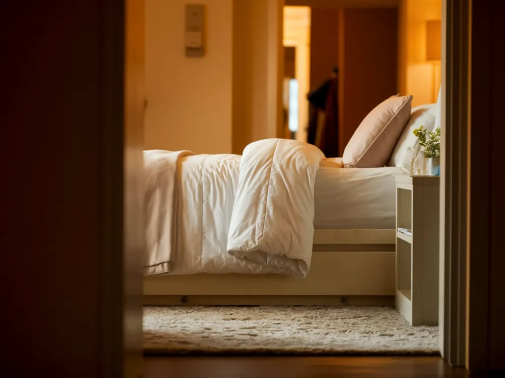  Dorm bed area with small bedside rug