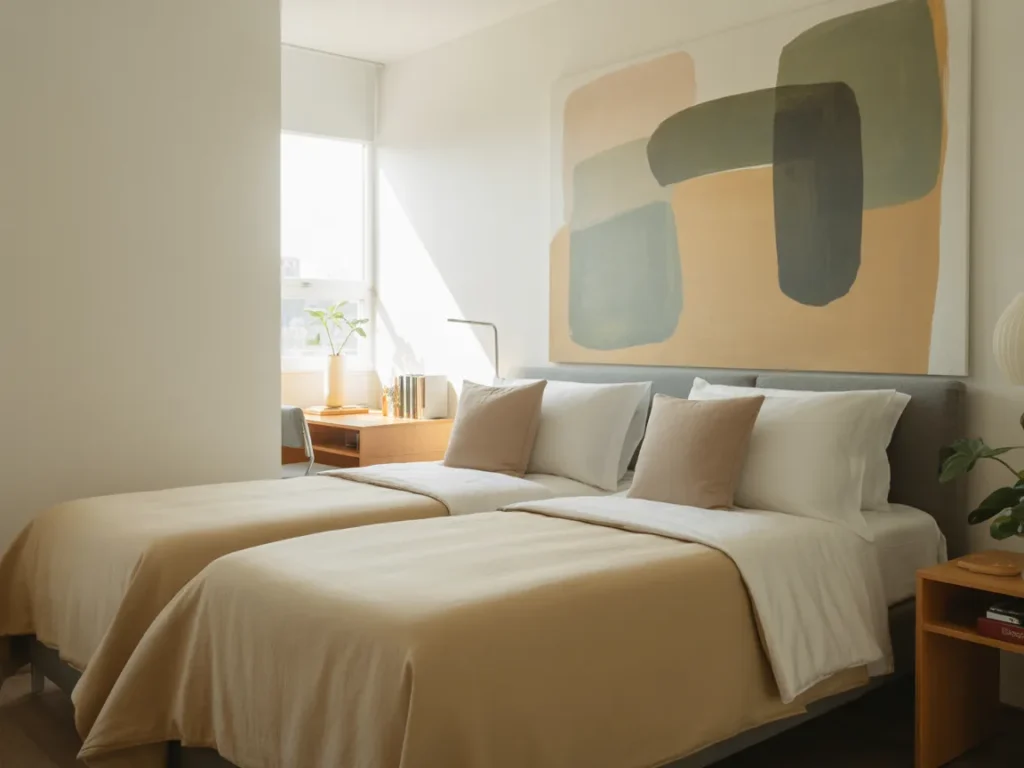 Dorm bed with large wall art centered