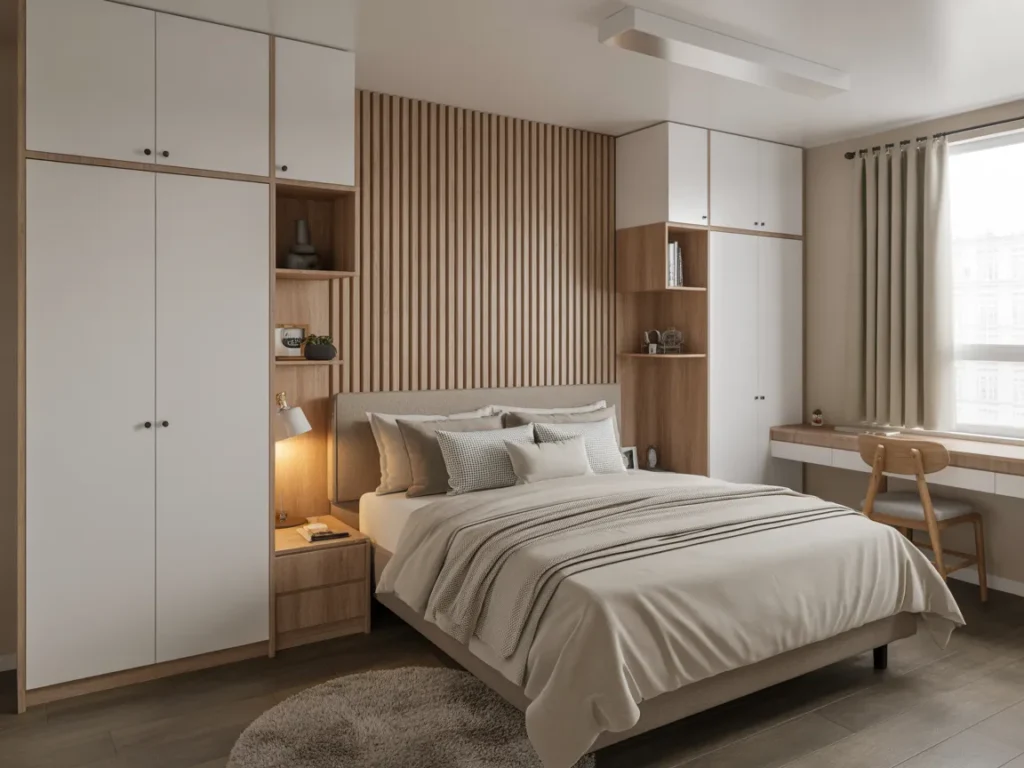 Dorm bed with light wood slat headboard panel