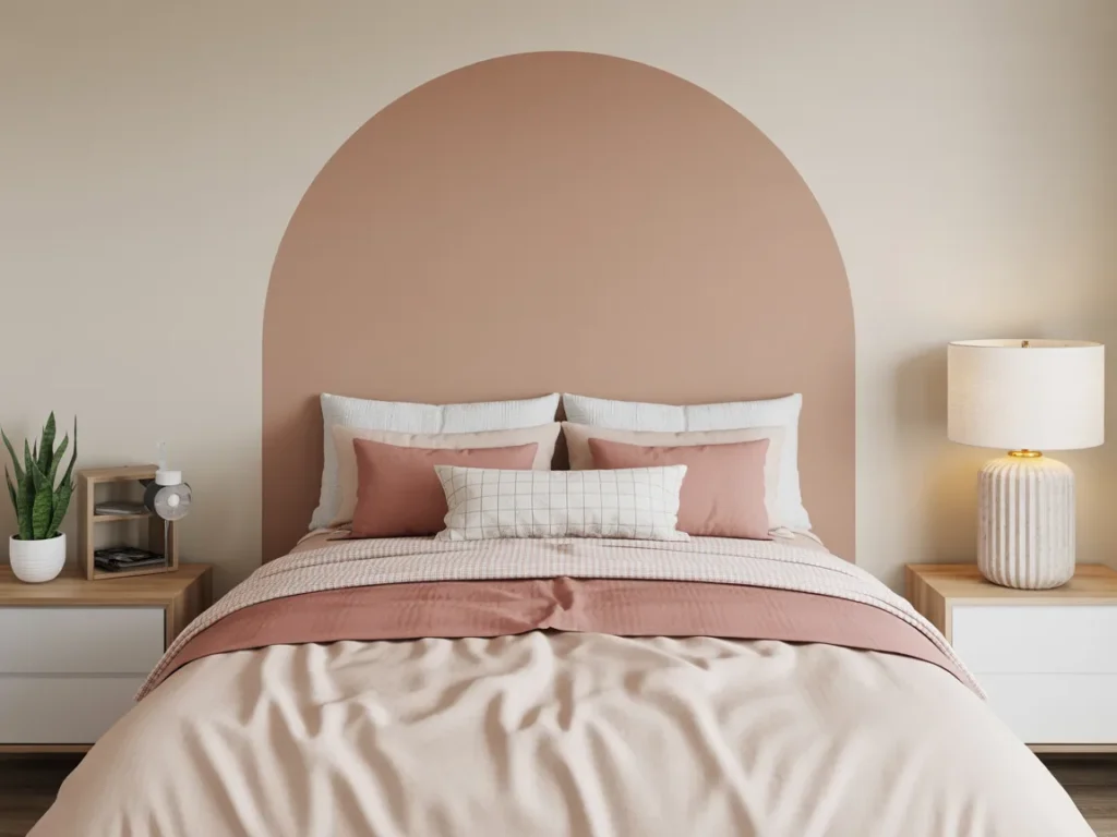 Dorm bed with peel-and-stick painted arch headboard