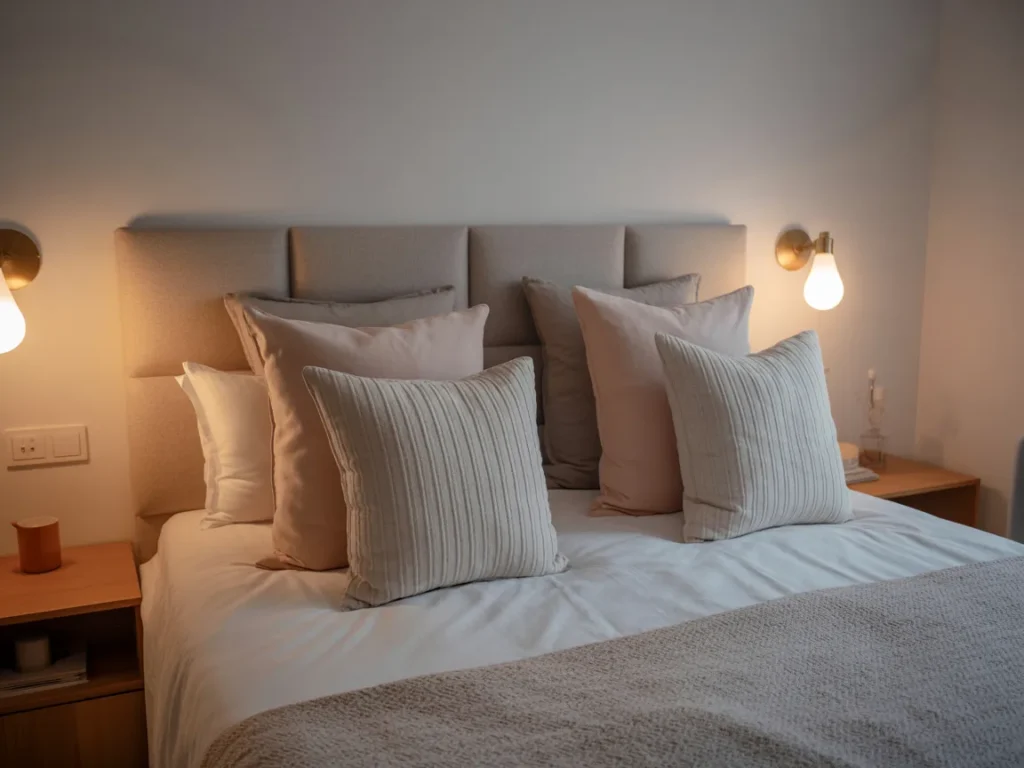 Dorm bed with pillow wall headboard setup