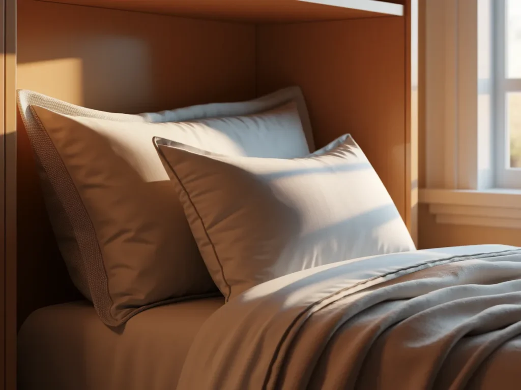 Dorm bed with pillows and matching pillowcases