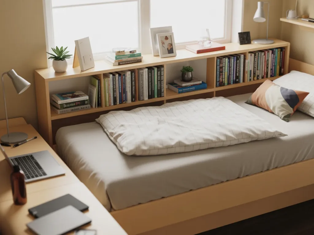  Dorm bed with slim shelf unit used as bookcase headboard