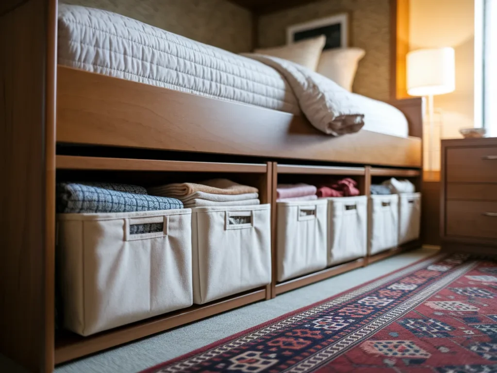 Dorm bed with under-bed storage bins neatly organized