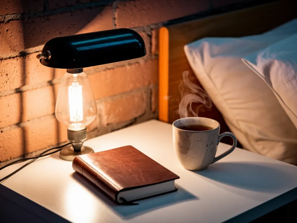 Dorm bedside table with warm bedside lamp