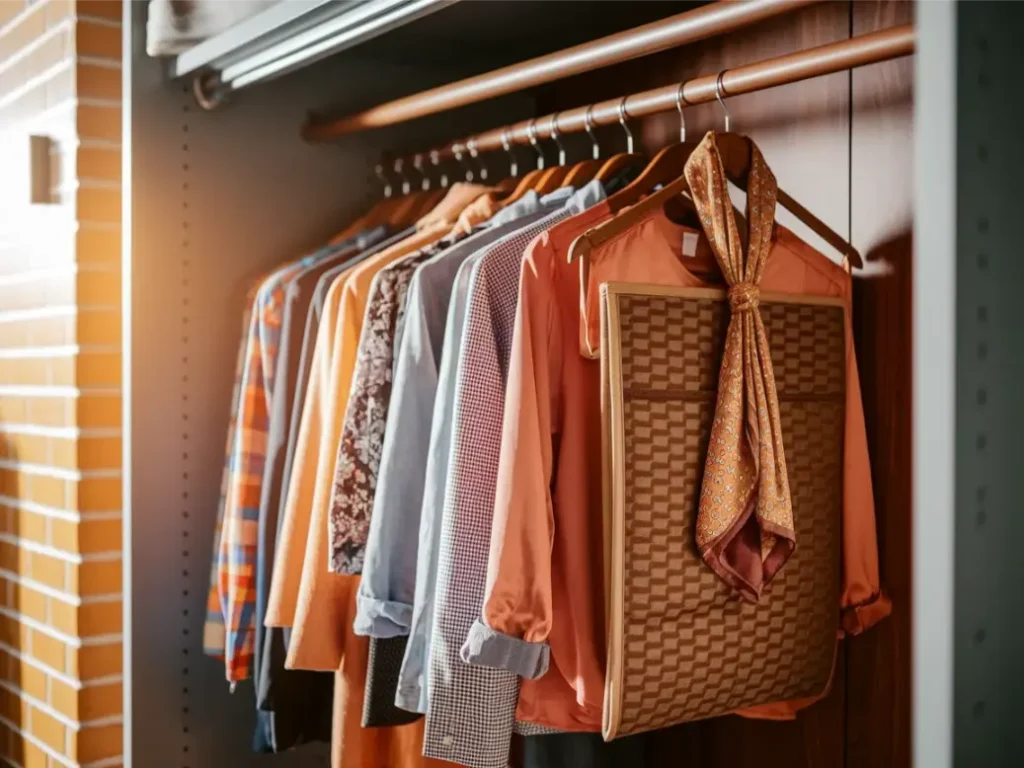 Dorm closet with hanging organizer neatly