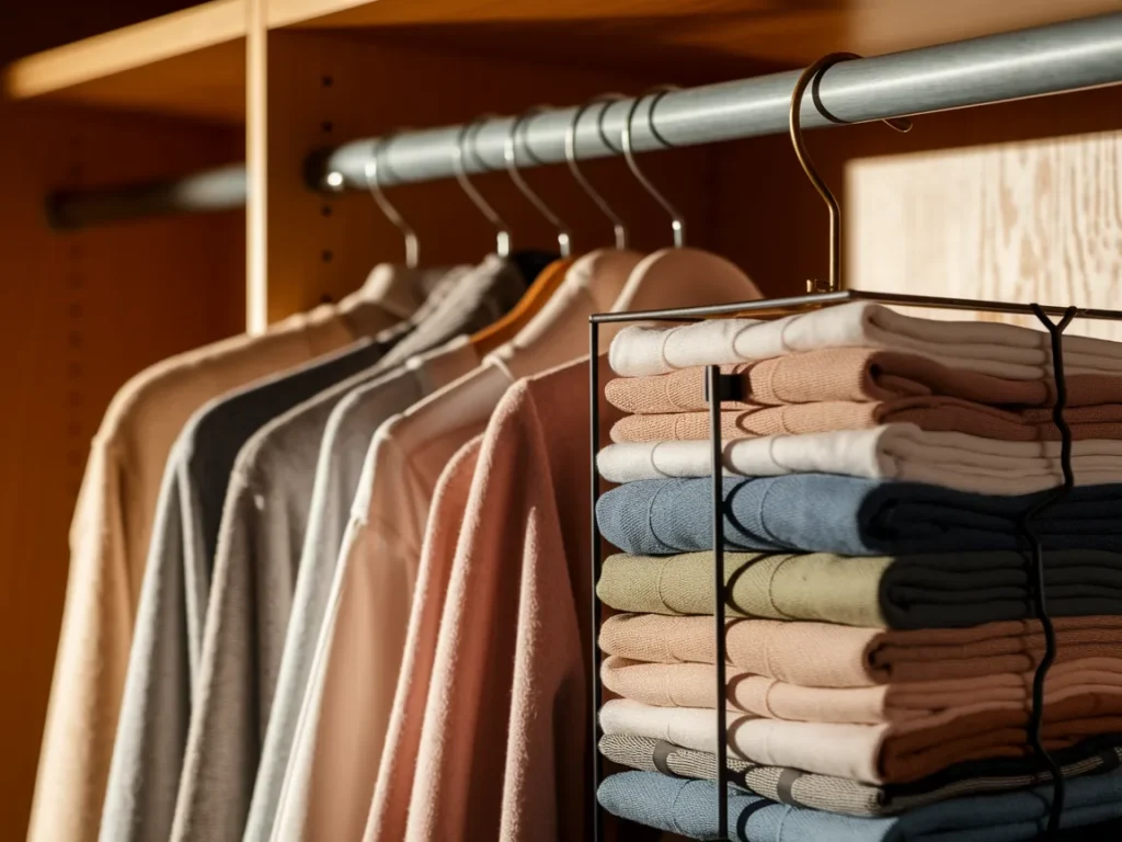 Dorm closet with hanging organizer neatly filled