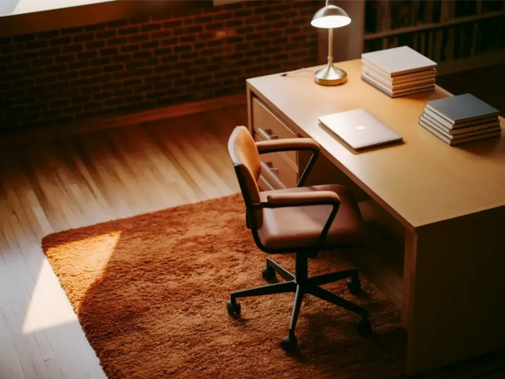 Dorm desk area with low-pile rug under chair