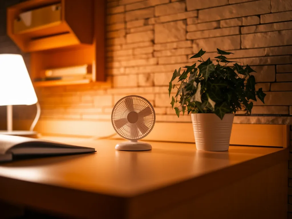 Dorm desk corner with small mini fan